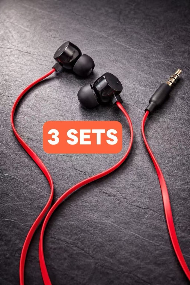 (6OB) 3 SETS Red Cable Black Earbuds Wired Earphones 3.5mm Good Sound