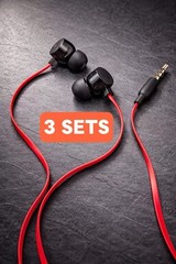 (6OB) 3 SETS Red Cable Black Earbuds Wired Earphones 3.5mm Good Sound