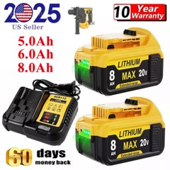 Combo 2-Pack 8.0Ah Replacement Battery & Charger Capacity for DEWALT 20V Tools