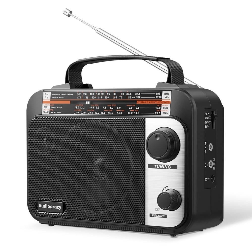 Multi Band AM FM SW1-2 Transistor Radio Black Portable AC or Battery Operated