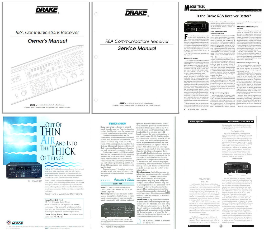 DRAKE R8A INSTRUCTION + SERVICE MANUALS + REVIEWS + COLOR AD + BROCHURE
