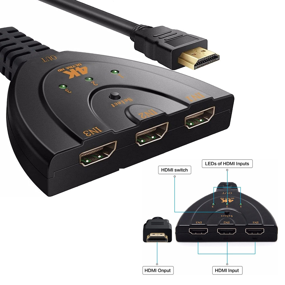 3 In-1 Out Device 4K HDMI 2.0 2FT Cable Auto Switch Switcher Splitter Adapter