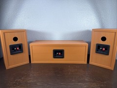 (3) Unbranded Wood Grain Speakers Center Channel + 2 Bookshelf Speakers