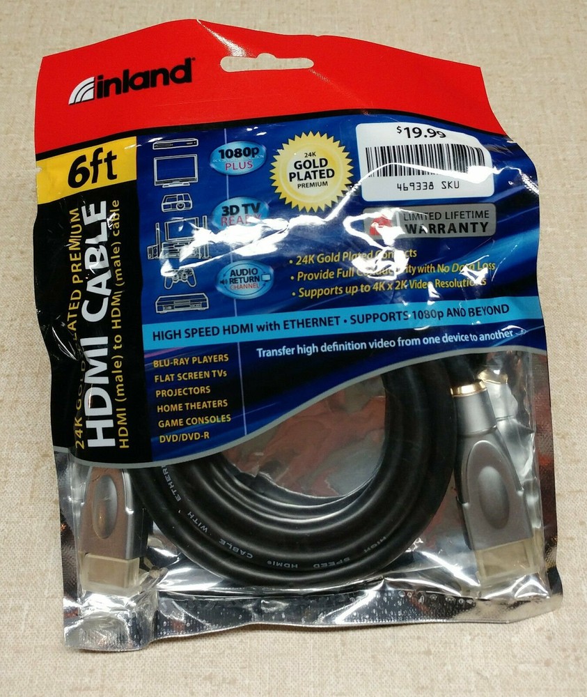 Inland 6 Foot HDMI Male to Male Cable 24K Gold Plated