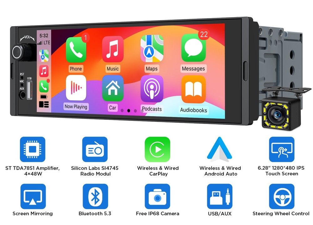 X3U Car Stereo Apple CarPlay GPS Navigation 6.28 inch IPS Android Auto 1 DIN RDS