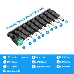 10-in-1 Universal DC Plug 5.5mm x 2.5mm Female to Male Power Supply Adapter Tips