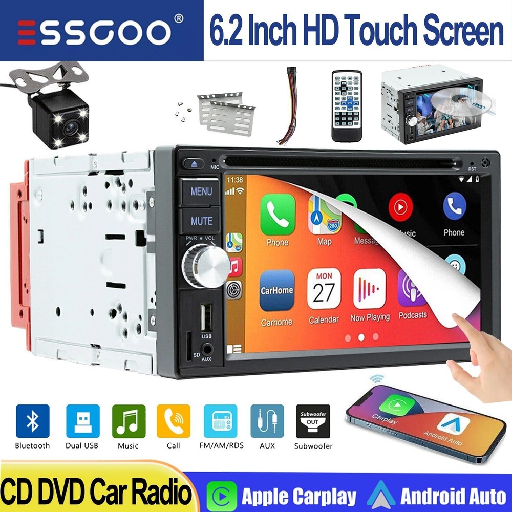 Double 2 DIN Car Stereo DVD CD Player 6.2″ Touchscreen Head Unit BT Carplay CAM
