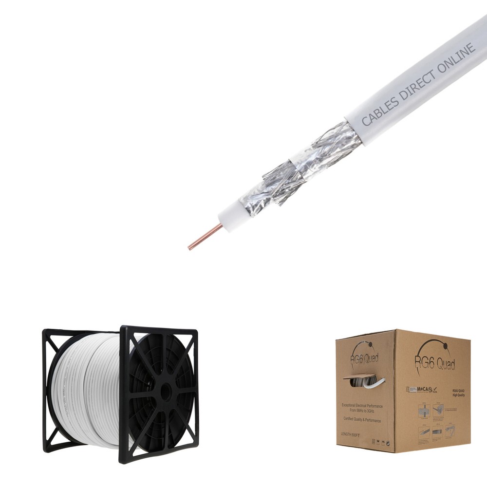 RG6 500FT Cable Bulk Coaxial Wire Quad Shield 18AWG White Coax Satellite TV