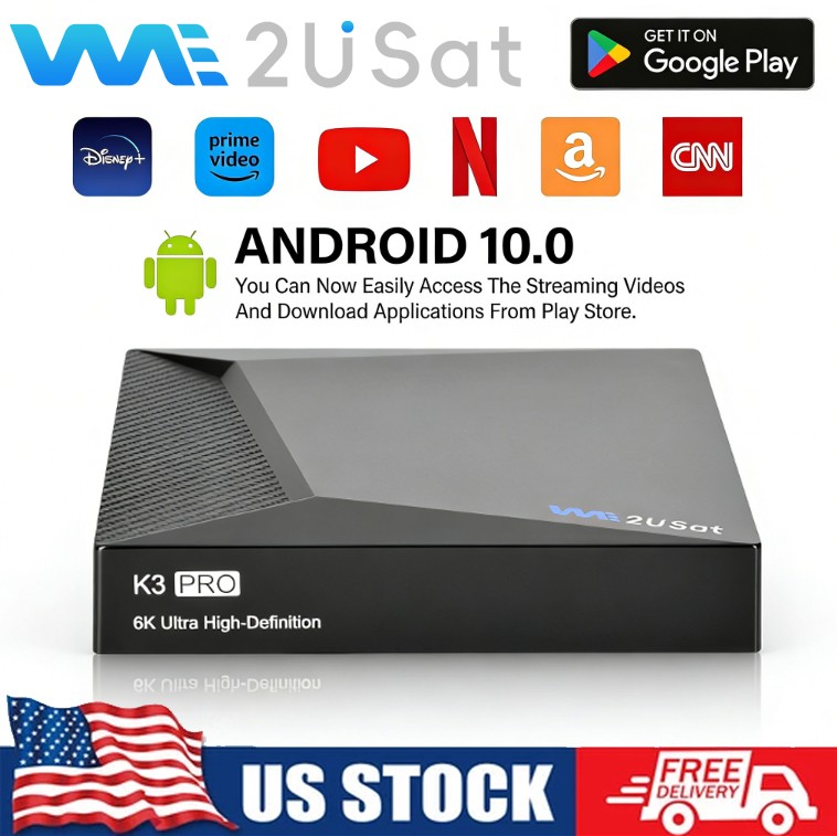 We2USat K3 PRO Android TV Box 6K HD, Voice Remote, Google Play, Streaming Device