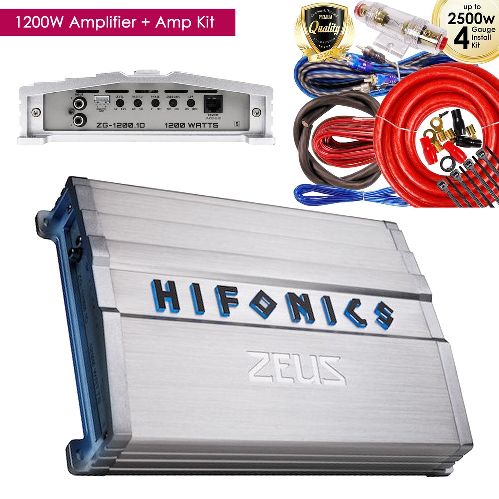 Hifonics Zeus ZG-1200.1D 1200W Mono Class D Car Amplifier + 4GA 2500W Amp Kit
