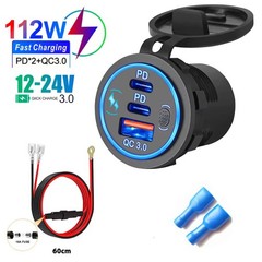 12-24V 3 Port Fast Car Charger PD & QC3.0 USB-C Outlet Socket for RV Marine Boat