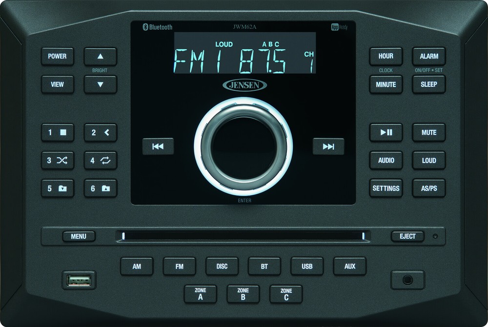 Jensen JWM62A Wallmount Bluetooth RV Stereo with App Control, DVD|CD|USB|AUX|RCA