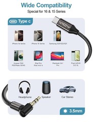 USB C to Aux 3.3 FT, Type C to 3.5mm Male Aux Cord for Car 90 Degree, USB-C to H