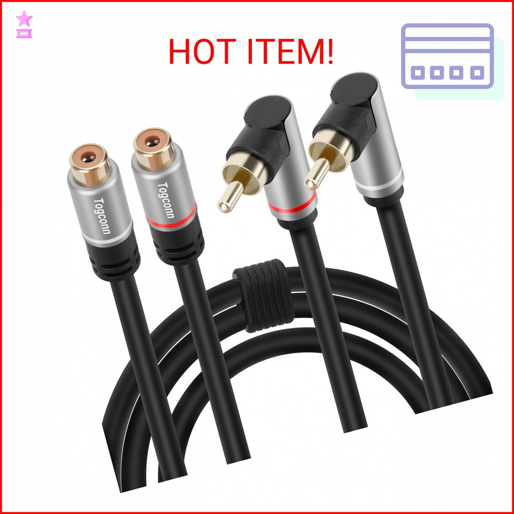 Togconn 2 RCA Extension Cable 2 Feet, 90 Degree Right Angle 2RCA Male to 2 RCA F
