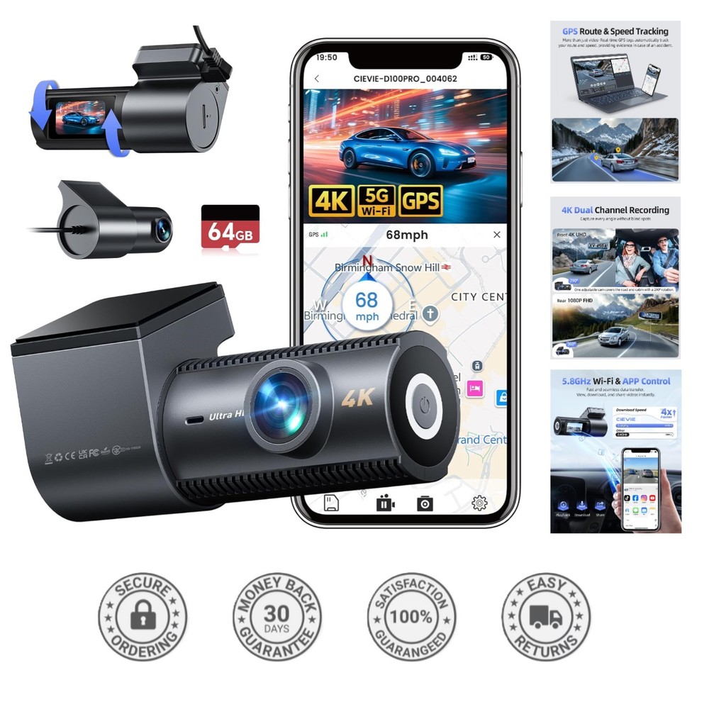 Advanced 4K+1080P Dash Cam with Night Vision & 5.8GHz WiFi Connectivity – 64GB