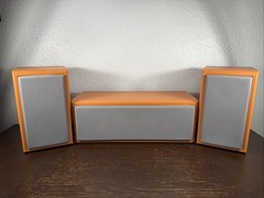 (3) Unbranded Wood Grain Speakers Center Channel + 2 Bookshelf Speakers