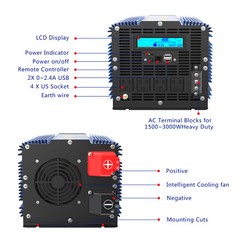 3000Watt Pure Sine Wave Power Inverter 12V DC to 120V AC 4 AC Outlets Dual USB