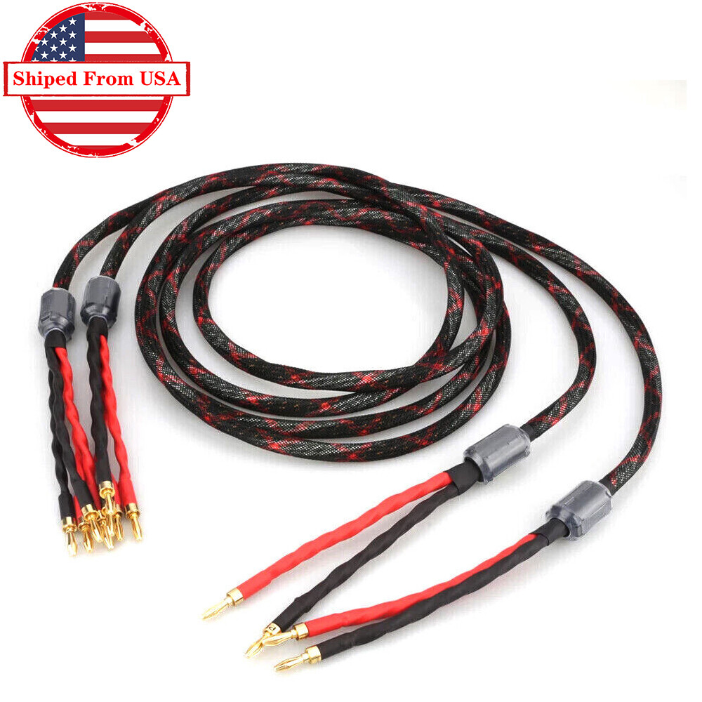 1Pair OCC 12AWG 2 Banana to 4 Banana Bi-wire Speaker Cable HIFI Loudspeaker Cord
