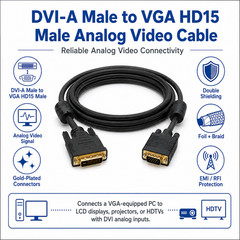 DVI-A Male to VGA HD15 Male Analog Video Cable – 3ft / 6ft / 10ft / 15ft