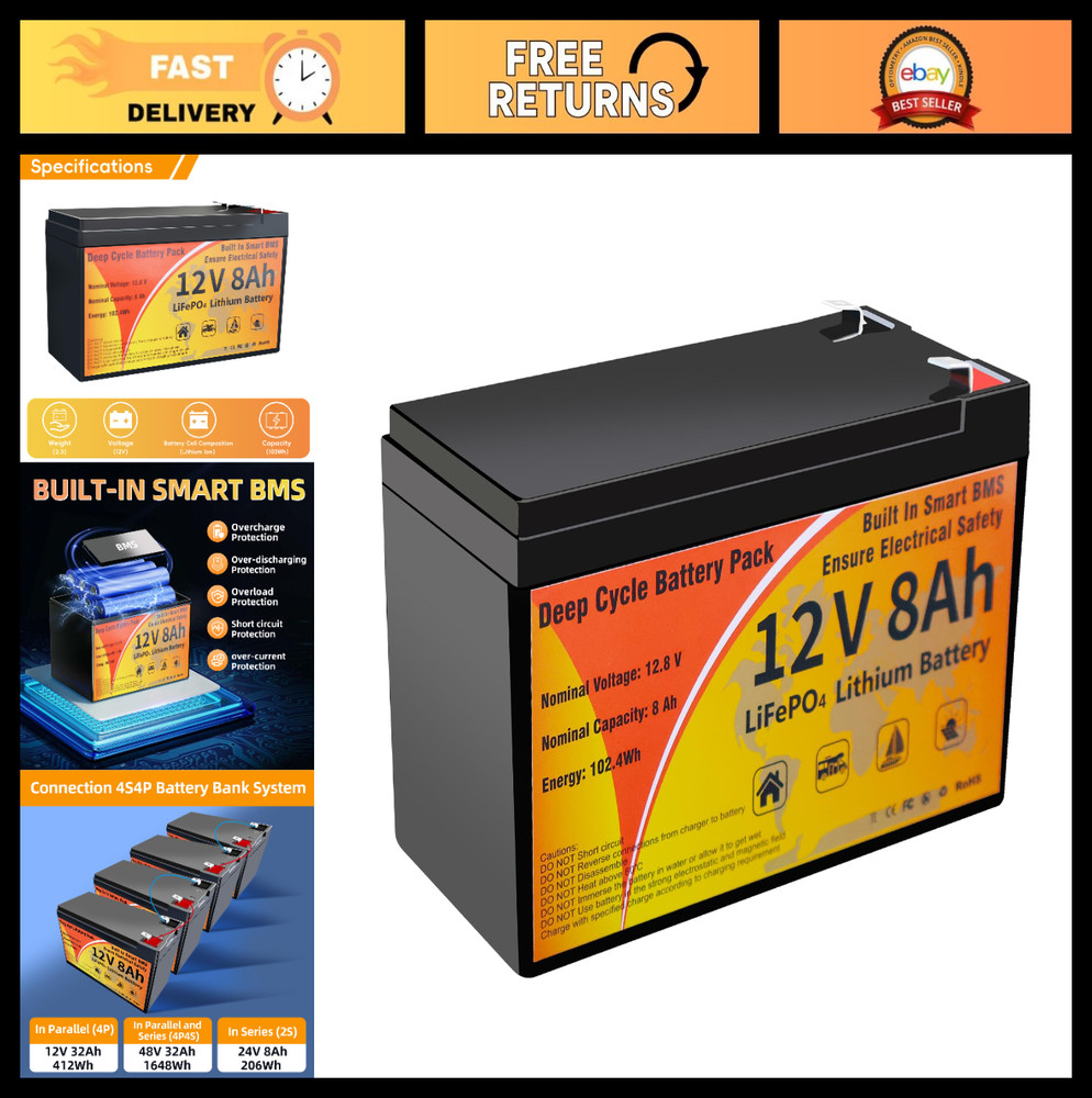 12V 100Ah LiFePO4 Lithium Battery with BMS, 4000+ Deep Cycles, Waterproof Chargi