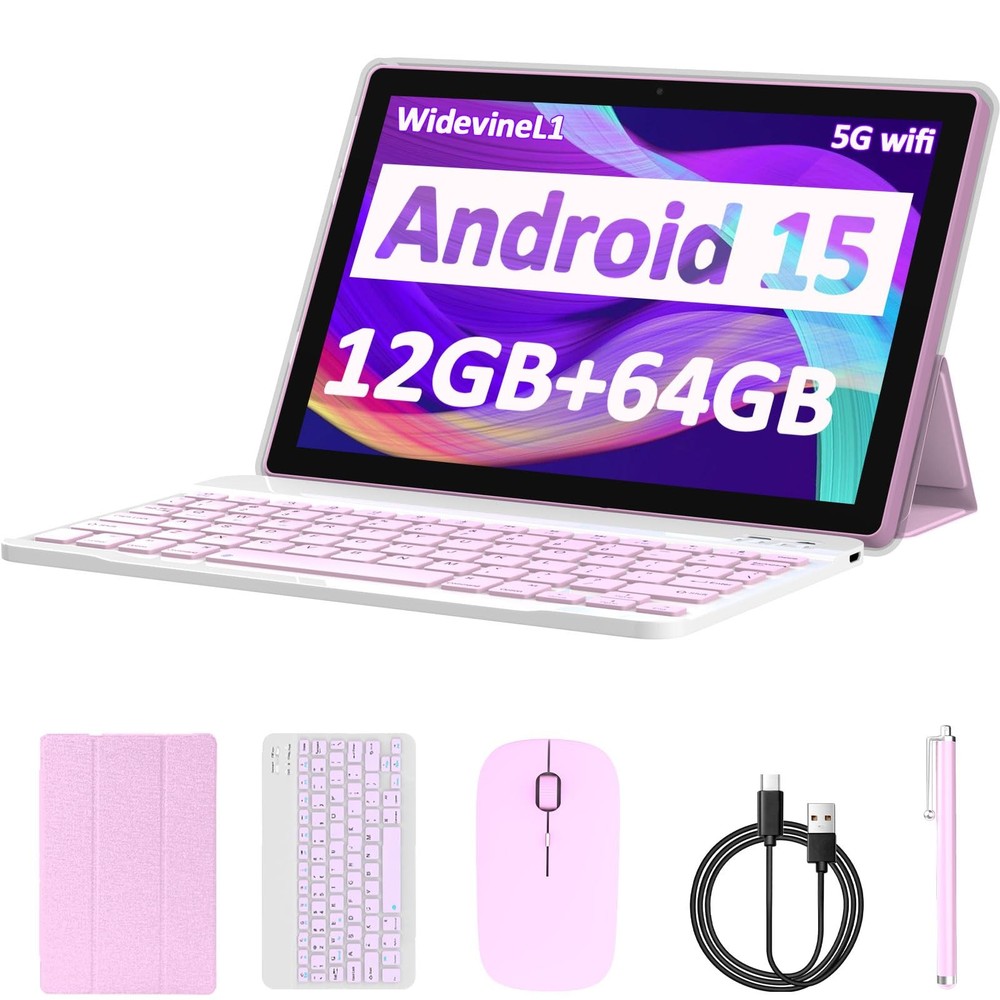 Tablet Android 15, 10 inch 12GB RAM+64GB ROM/1TB Expand, 2 in 12GB+64GB Pink