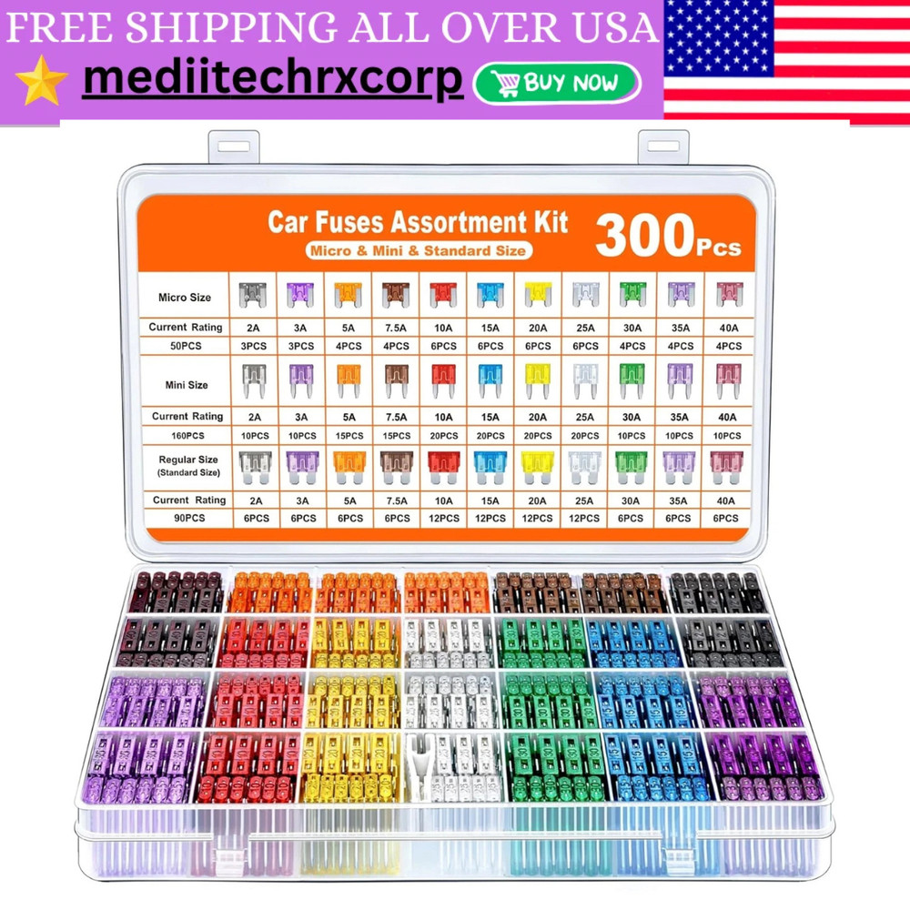 300Pcs Car Fuse Assortment Kit, 160 Mini Blade Fuses Automotive + 90 Standard