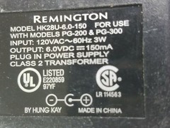 Remington HK28U-6.0-150 Plug In Power Supply For Models PG-200 & PG-300 6VDC 150