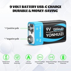4-Count 9 Volt Battery 9V Block Rechargeable Batteries 1300mAh F smoke detectors