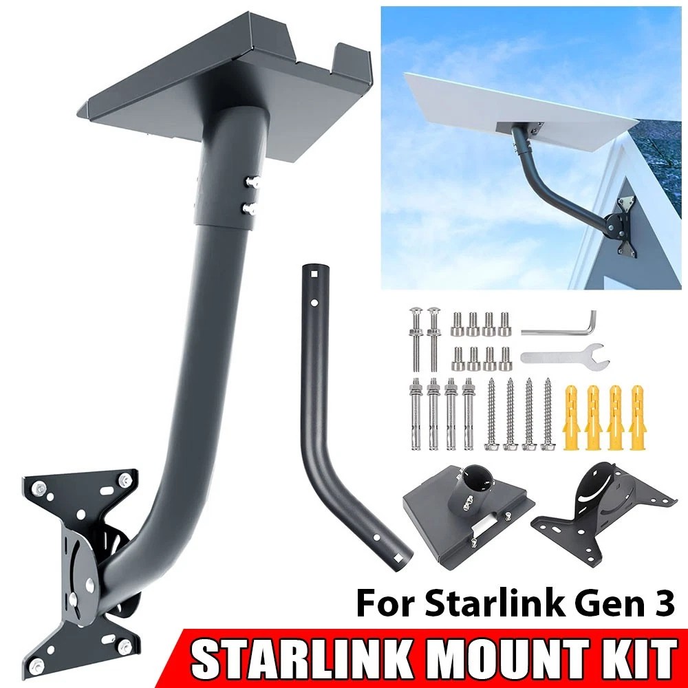 Starlink Gen 3 Mount, 180° Adjustable, Heavy-Duty Metal, Black, Wall/Roof Mount