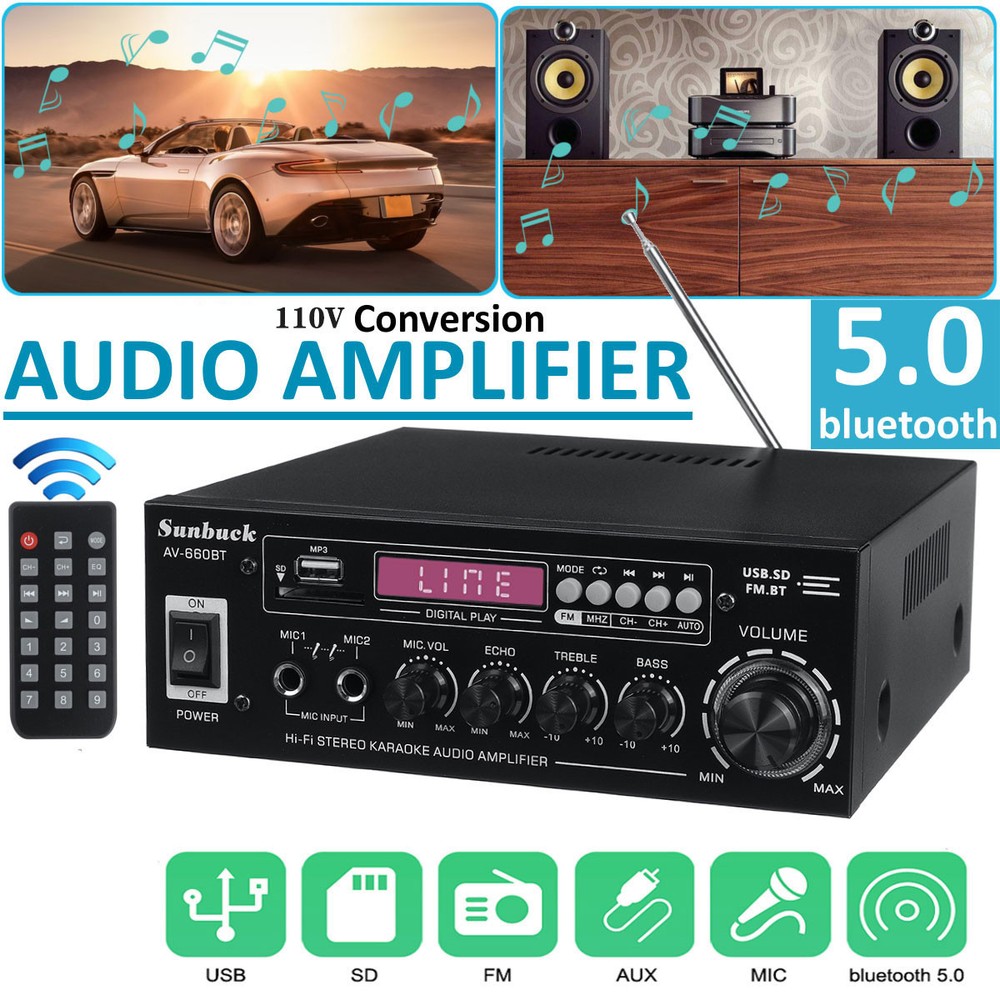 2000W 2Channel Bluetooth 5.0 Power Amplifier FM Audio Stereo Amp Home Car
