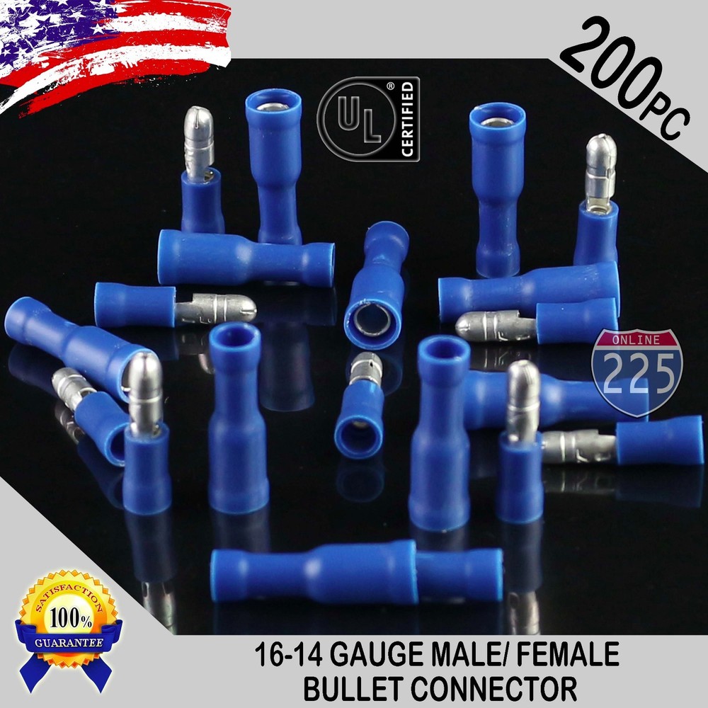 200 Pack 16-14 AWG Blue Male & Female Bullet Connectors Insulated Vinyl .156″ UL