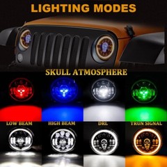 2PCS 7” Round RGB Skull LED Headlights Halo DRL For Jeep Wrangler JK LJ TJ CJ