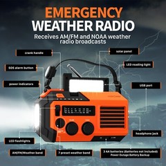 Hand Crank Emergency Solar 5200mAh Power Bank Charger IPX3 Weather Radio Light
