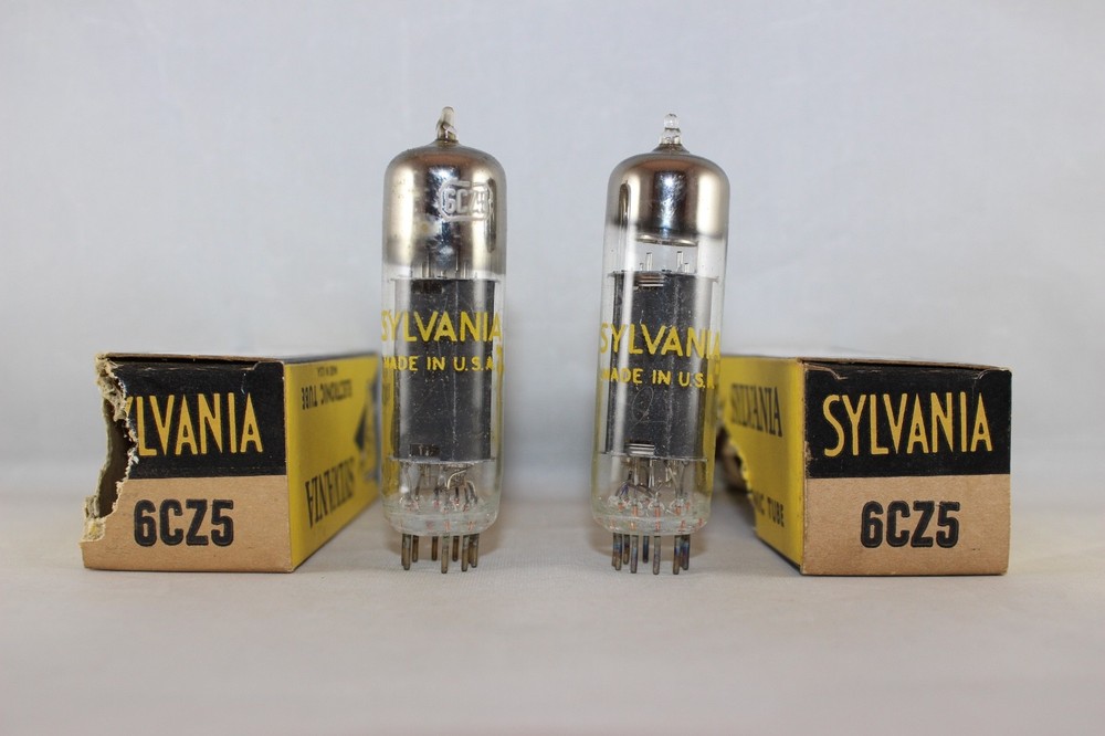 2 MINT MATCHED NIB Pair 1950s Sylvania 6CZ5 BLACK Plate TEST Amplitrex 113%+ NOS