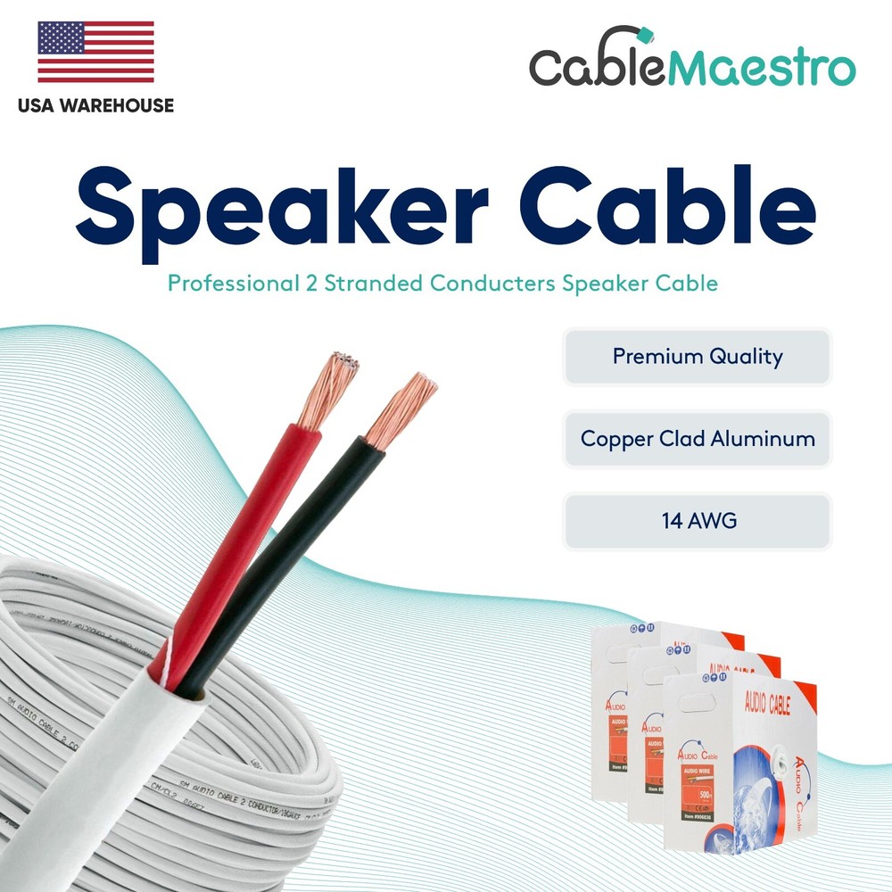 14AWG Speaker Cable 2 Conductors Wire Audio In Wall CL2 14/2 Gauge 100-500ft Lot