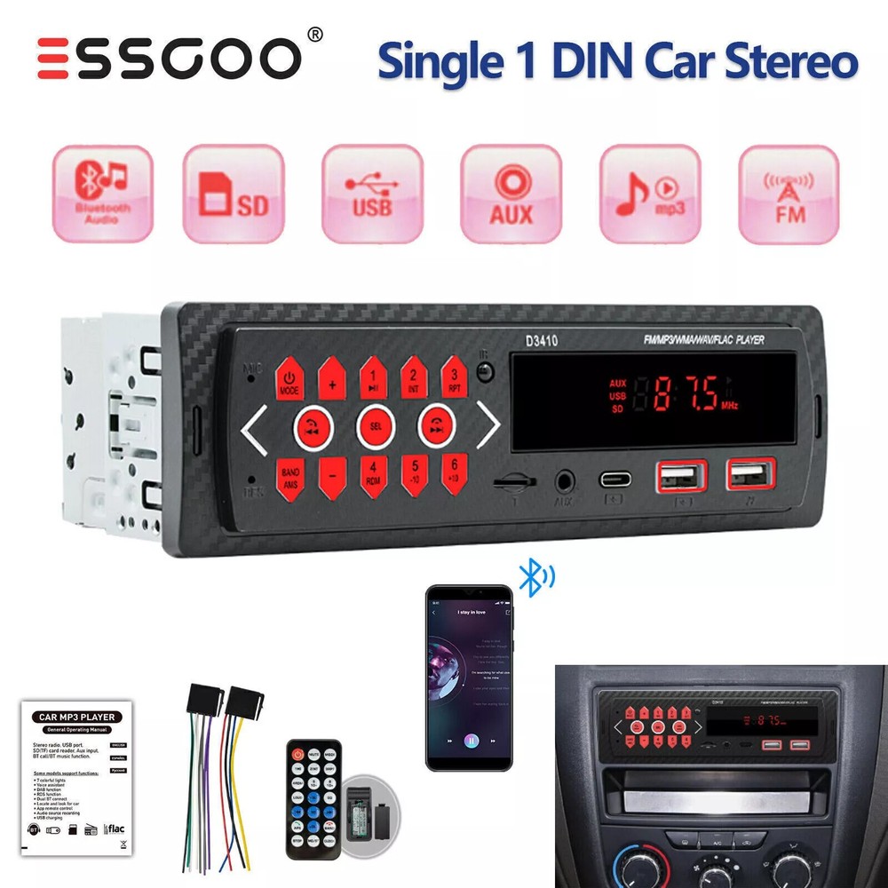 Single 1 Din Car Stereo Radio Bluetooth Player In-dash Head Unit AUX/USB MP3