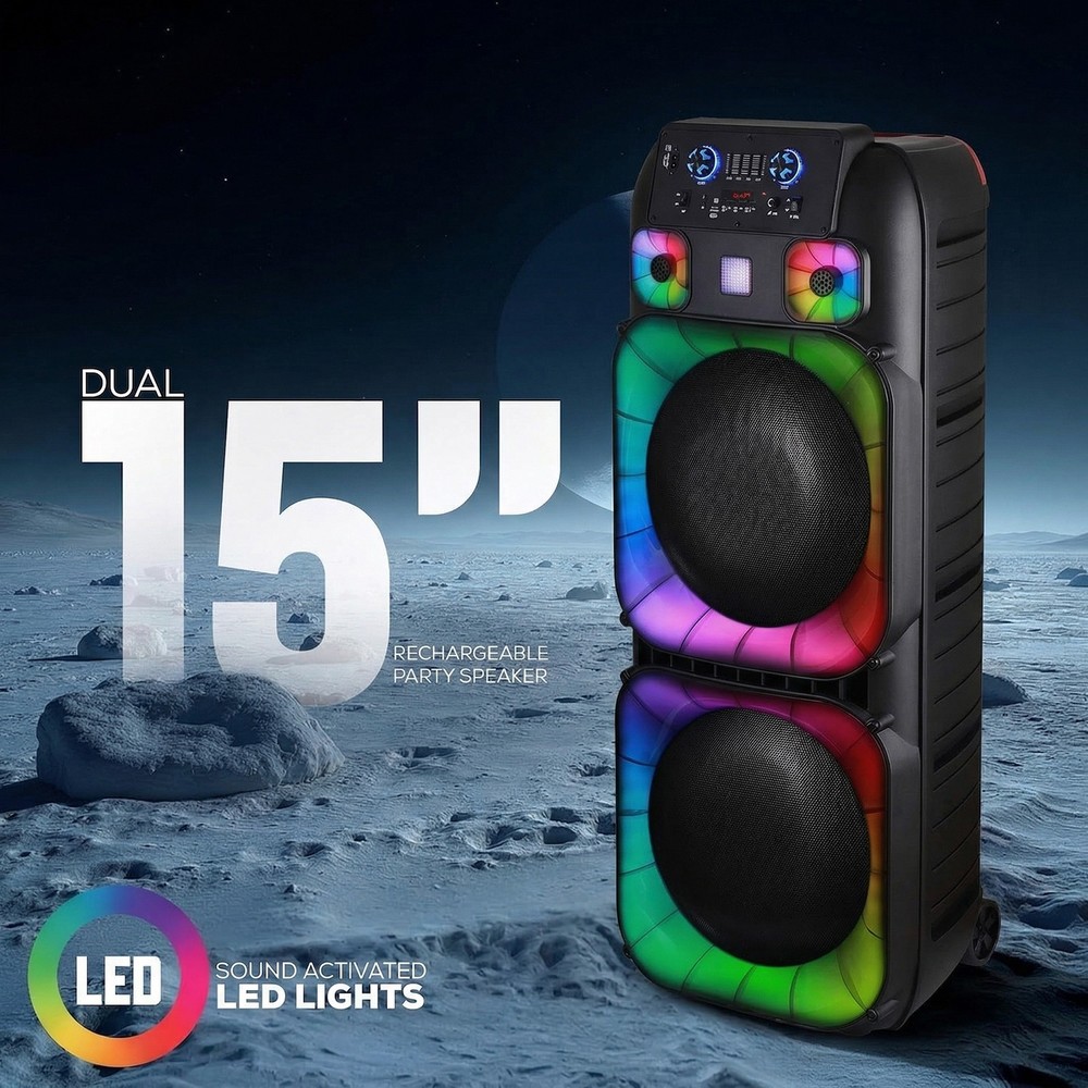 15,00W Dual 15″ Bluetooth Party Speaker Powerful Sound System Party w/ 2 Mic