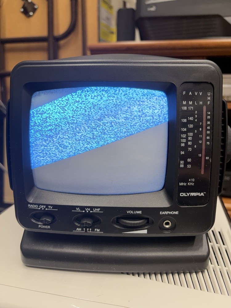 Vintage Olympia 502R 5.5in Portable Black & White TV CRT AM FM Radio 12V Black