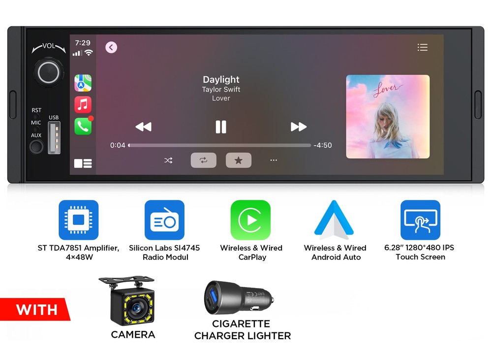 Single DIN 6.28″ IPS Head Unit Wireless CarPlay Android Auto Car Stereo Radio FM