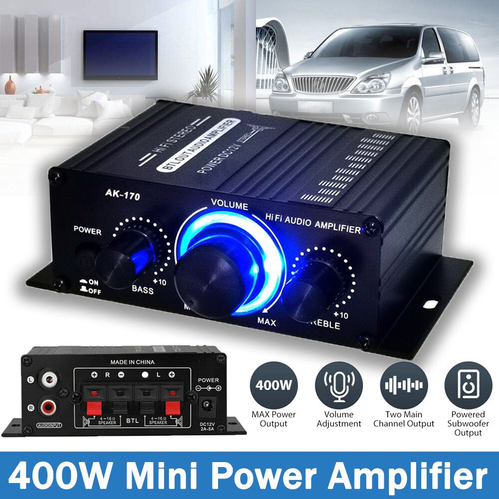 HiFi Amplifier Mini 400W Aluminum Audio Stereo Power Amplifier Preamp DC 12V Car