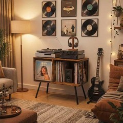 Rustic Flip Top Record Player Stand, 150+ Album Storage, Mid Century Turntabl…