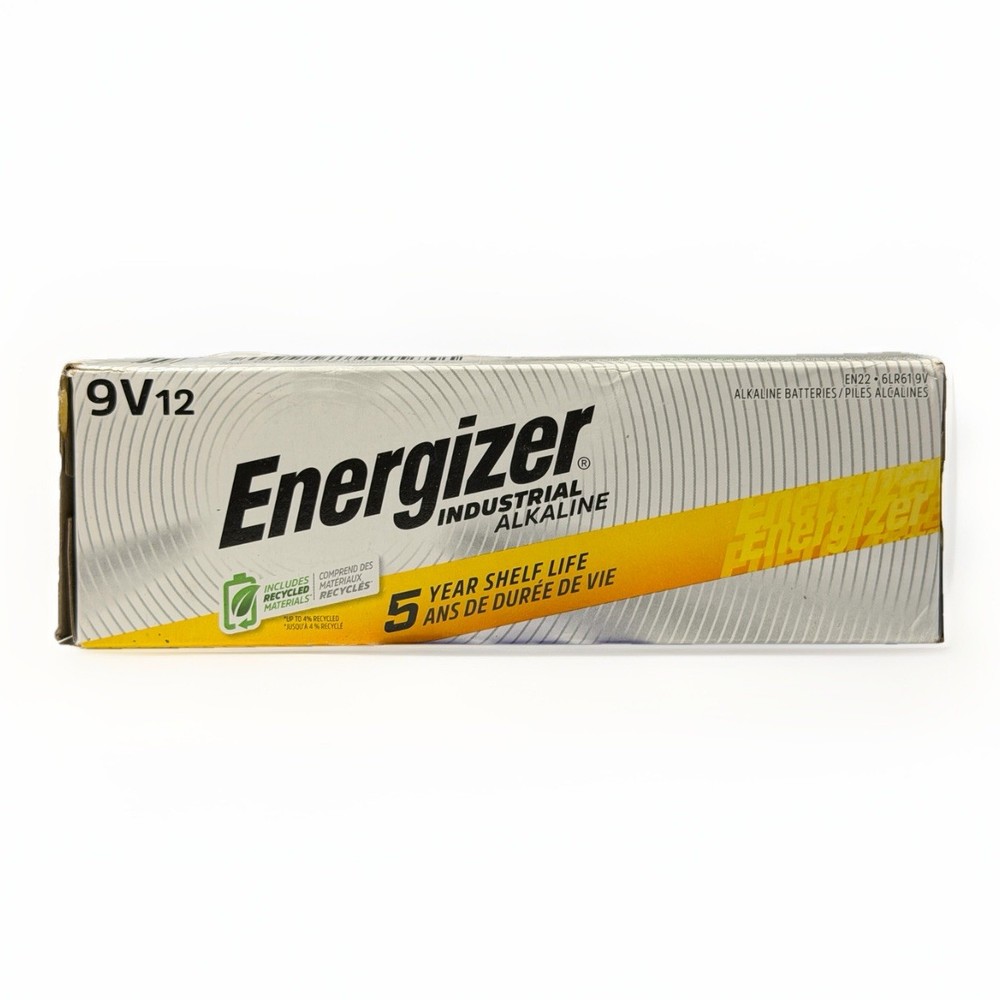 12 Energizer Industrial 9 Volt (9V) Alkaline Batteries (EN22, 6LF22, 6AM6)