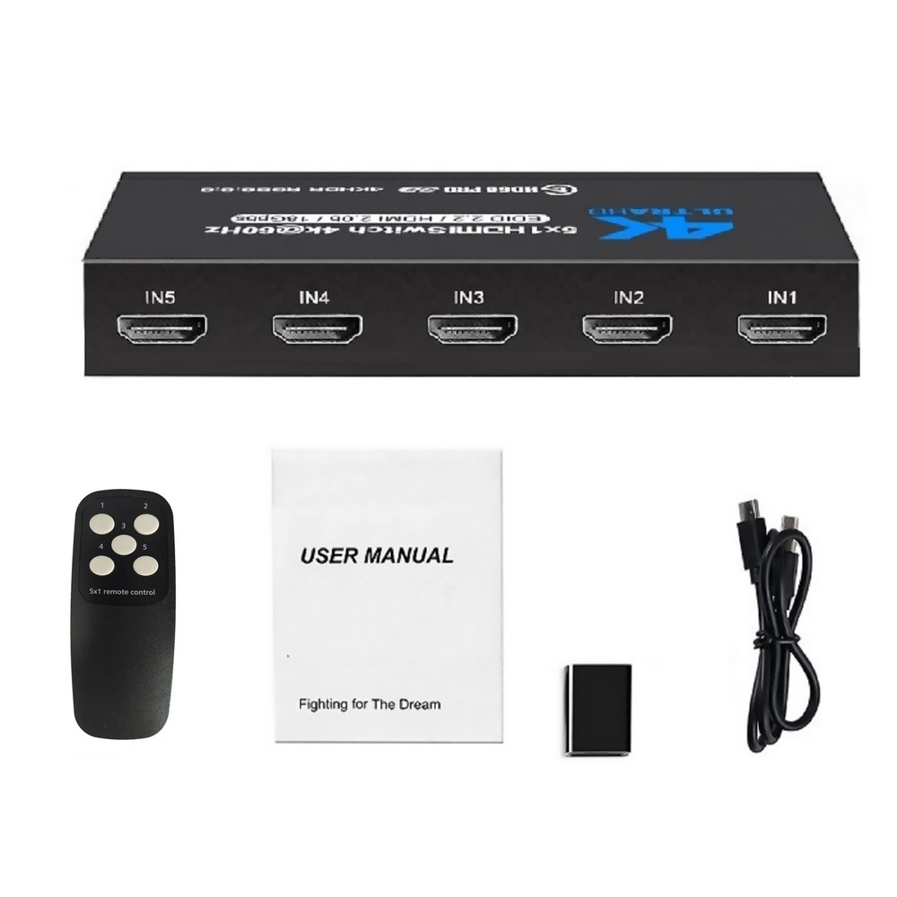 5 in 1 Out 4K@60Hz 5×1 HDMI Switcher HDMI 2.0 Switch with IR Remote Control