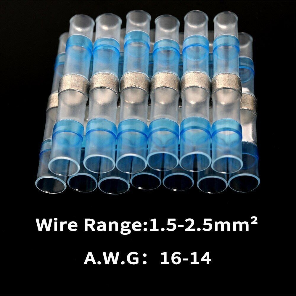 10/100x BLUE Solder Stick Seal Sleeve Heat Shrink Butt Wire Connectors 16-14AWG