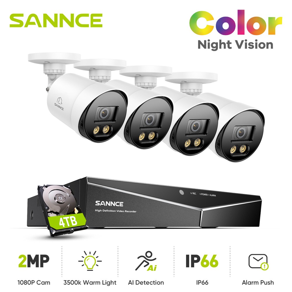 SANNCE 4CH DVR 1080P Full Color Night Security Camera System Night Vision CCTV