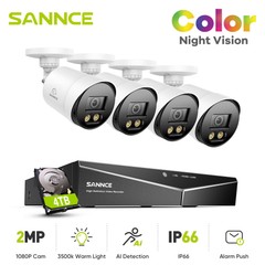 SANNCE 4CH DVR 1080P Full Color Night Security Camera System Night Vision CCTV