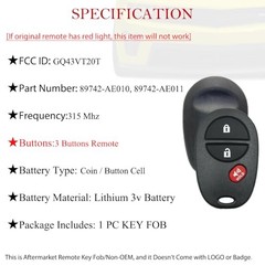 Key Fob Remote Replacement Fits for Toyota Tundra Tacoma Sienna Sequoia