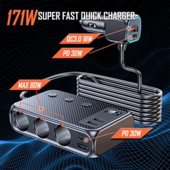 9in1 Multi Port USB C Car Cigarette Lighter Splitter 171W Fast Charging Adapter