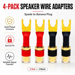 4-Pack Gold Plated Speaker Wire Adapters – Spade to Banana Plug Connectors for S