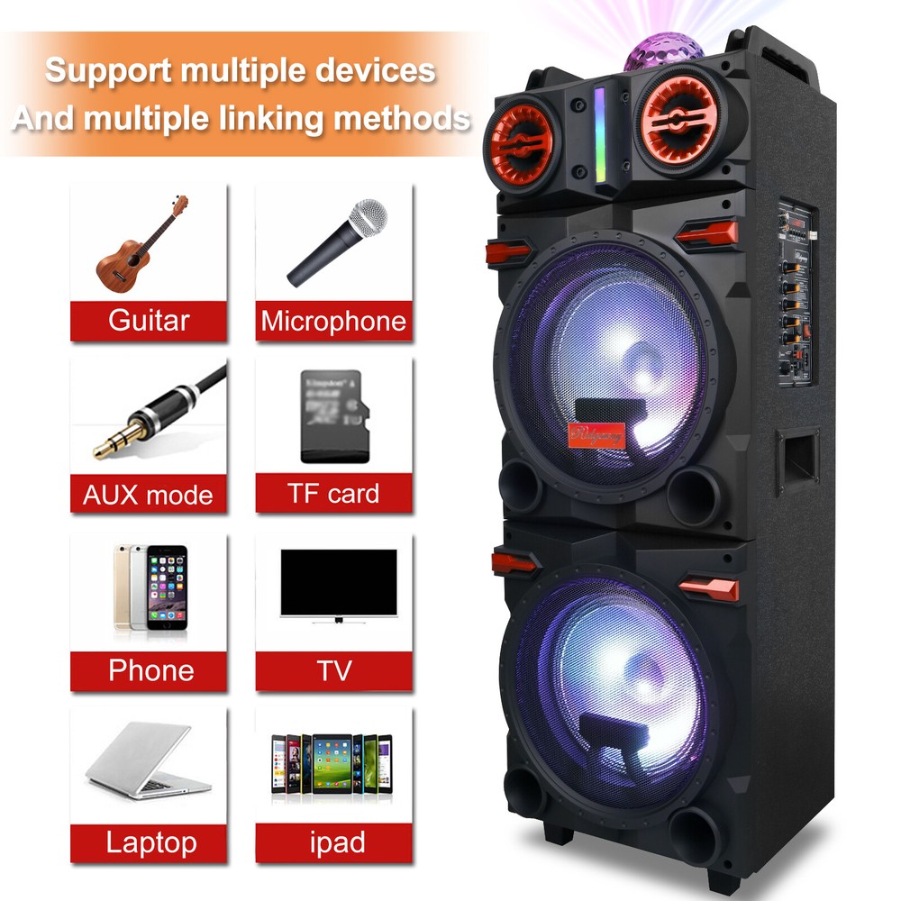 Portable Bluetooth Speaker Dual 10″ Woofers & Tweeter w/ Disco Light Mic Remote